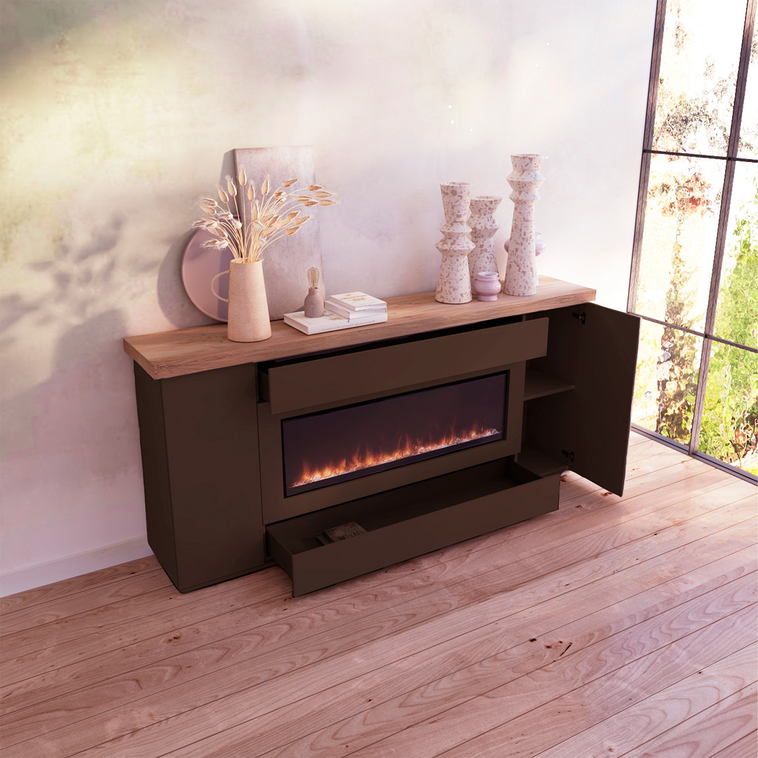 Brown Wooden Cabinet With Fireplace